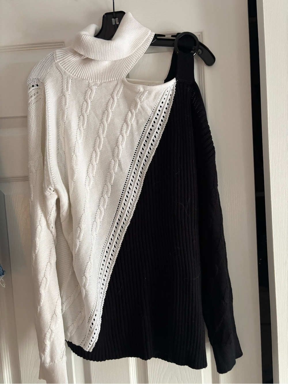 Asymmetric Black & White Cutout Turtleneck Sweater